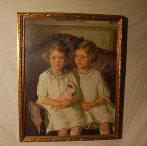 Large Oil Painting Portrait Two Girls with Doll